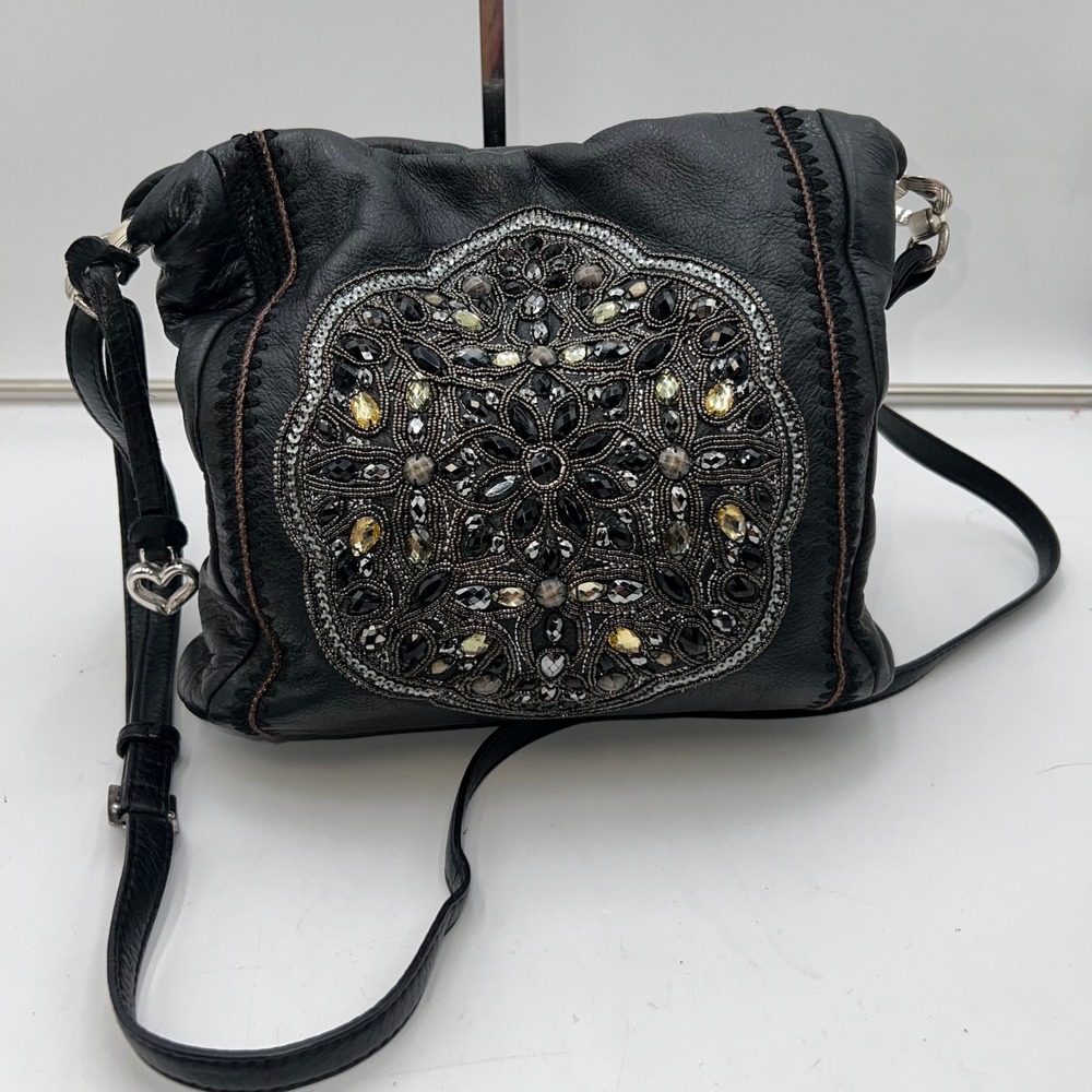 Brighton Black Leather Beaded Crossbody Bag Heart Charm Designer Purse